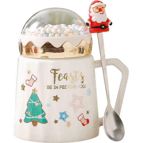 Tasse De Noël - En Verre - 400 ml - Couvercle En Forme De Chapeau De Père Noël Et Cuillère Incluse - Pour Maison Et Cadeau - 1 Pièce (1/5)