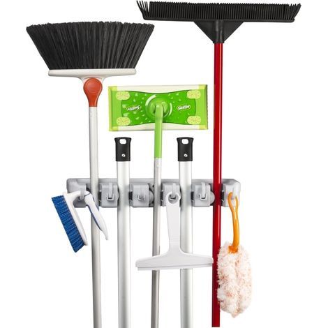 JSSEVN - Wall-mounted mop holder with 5 positions and 6 hooks, storage solutions for kitchen, bathroom, garage and garden (1/5)