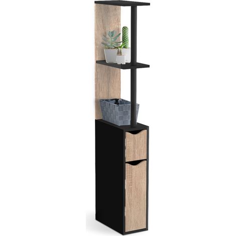 Idmarket – Meuble pour WC 2 portes noir et hêtre – Dimensions 15,2x29,8x118 cm – Rangement compact avec 3 étagères ouvertes