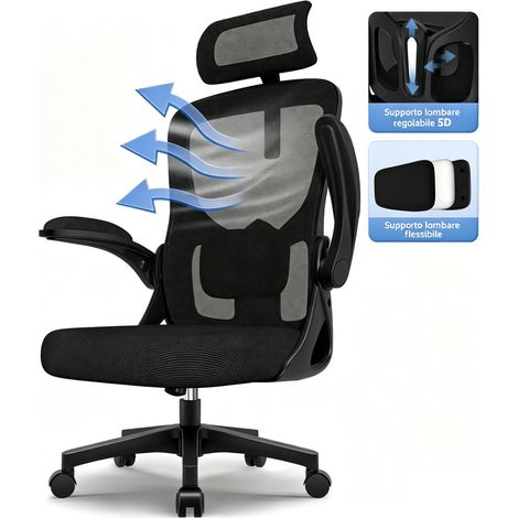 Sedia ufficio ergonomica con braccioli pieghevoli, sedia da ufficio con supporto lombare regolabile, sedia ergonomica girevole e reclinabile con poggiatesta, portata 150 kg