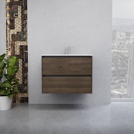 Inda - Badezimmerschrank 2 Schubladen B.80 mit glänzendem Waschbecken / Braune Eiche - Smeraldo