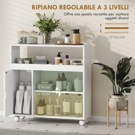 Meuble de salle de bain blanc en bois sur roulettes, 71x20x70 cm, avec portes vitrées, étagères réglables et espace de rangement ouvert. (1/5)
