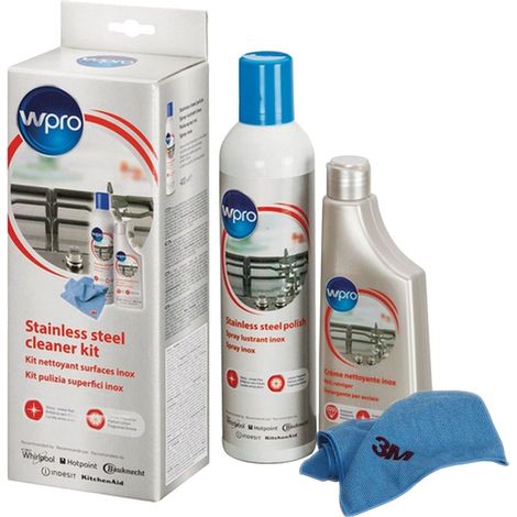 El kit de limpieza de acero inoxidable incluye: una crema para acero inoxidable de 250 ml + pulidor de acero inoxidable de  400 ml y un paño de microfibra 3M 484000008498 WPRO