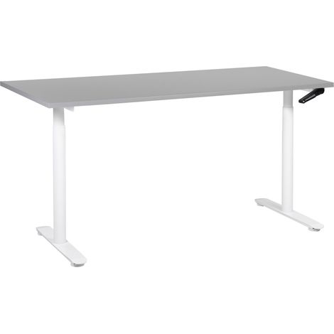Escritorio de altura regulable manualmente oficina moderna patas redondas 160 x 72 cm tablero gris soporte de acero blanco DESTINAS