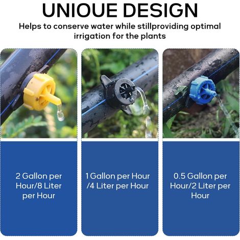 Lot de 60 têtes de débit d'eau constant de jardin, 6,35 mm, 2 L/H, 4 L/H, 8 L/H pour tuyau d'arrosage de 4/7 mm, tête de débit d'eau constante pour irrigation goutte à goutte de pelouse de jardin