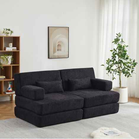 Divano letto modulare 2 posti in ciniglia nera, convertibile senza attrezzi - MEUBLIV (1/5)