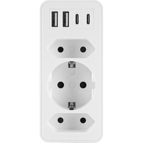 Répartiteur électrique, multiprise Schuko à 3 prises, chargeur 4 ports USB