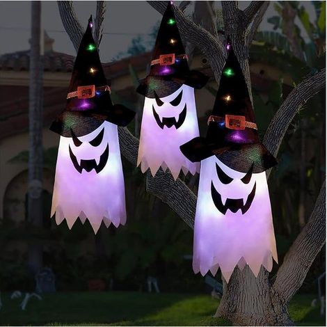 Décorations d'Halloween extérieur (lot de 3):grands chapeaux de sorcière fantômes lumineux à suspendre avec guirlande lumineuse (1/5)