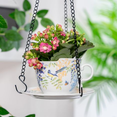 Pot de Fleurs Suspendu en Céramique, Jardinière Suspendue Forme de Tasse avec Chaîne, 16cm Panier Suspendu Décoration pour Plantes Intérieures et Extérieures, Motif Fleurs et Oiseaux (1/5)