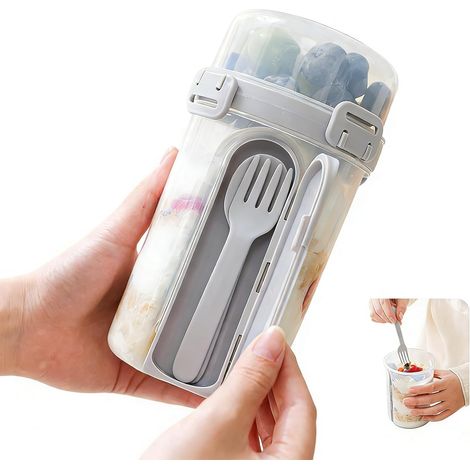 Gobelet à céréales à emporter 200 ml + 610 ml, gobelet à yaourt à emporter, double couche, gobelet à yaourt, gobelet avec cuillère, gobelet anti-fuite en matériau, bureau et pique-nique (1/5)