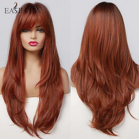 Perruque EASIHAIR longue châtain foncé avec frange, effet ondulé, synthétique résistante à la chaleur, pour femmes afro-américaines.