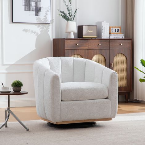 Modernes Hocker aus Shinielle mit metallischen Beinen, 360° drehbar, gepolsterter Barhocker mit dekorativen Pompoms, Kürbisförmiger Club-Sessel für Wohnzimmer, Wohnraum und Schlafzimmer – Farbe Elfenb