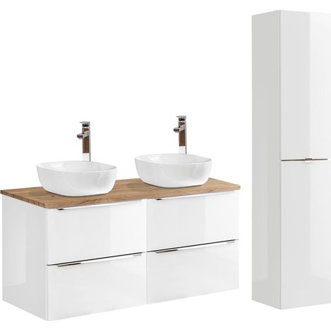 Conjunto mueble lavabo doble 120cm y columna April Blanco y Madera (1/4)