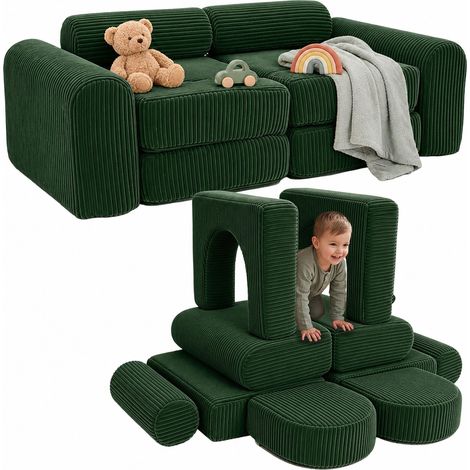Relaxdays divano gioco modulare, 10 pz, blocchi morbidi, Sofa per bambini, 32x108x50 cm, verde
