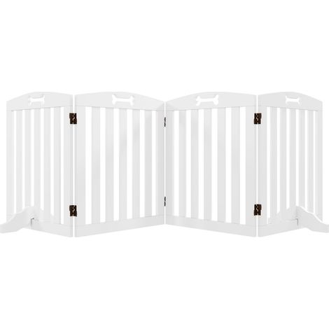 Absperrgitter Hund 4-teilig, 207,5 x 61 cm Faltbar Türschutzgitter mit 2 Stützfüßen, Freistehend Hundegitter, Treppengitter für mittelgroße Hunde, für Flur, Treppe, Weiß