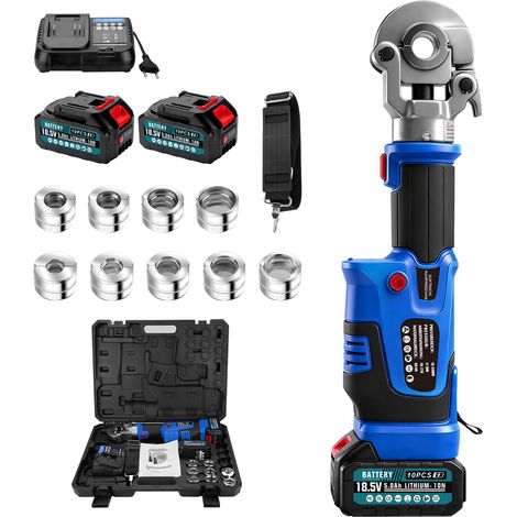 60kN Pince à Sertir pour Tuyaux à Batterie 2x 5.0Ah Batt. V + TH, Sertisseuse Automatique , écran LCD, 9 Mâchoires (TH 16/20/26/32 + V 12/15/18/22/28) pour tuyaux cuivre, acier inoxydable