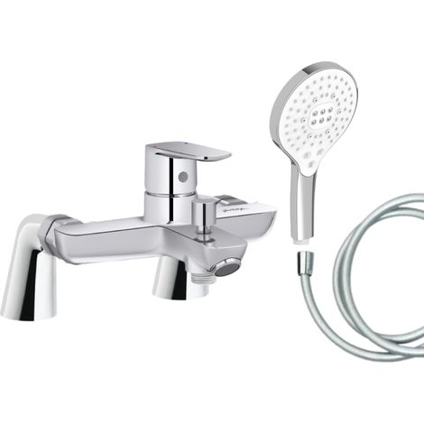 Mitigeur baignoire JACOB DELAFON July+ + pommeau de douche Metro signature + flexible de douche lisse + colonnettes (1/4)
