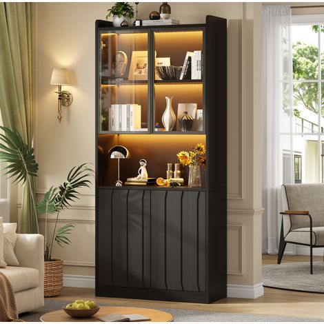 Vitrine LED avec portes en verre 80x35x200 cm, buffet haut 4 portes, noir, REDOM (1/5)