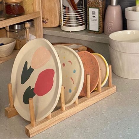 Support en bois vertical pour vaisselle 6 compartiments en pin, base stable pour tasses et planches à découper (1/5)