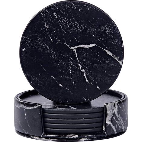 Lot de 6 sous-verres ronds en céramique effet marbre noir avec support pour différents types de tasses, décoration de table et d'intérieur, 10 cm (1/5)