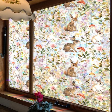 Film de confidentialité arc-en-ciel 100x43cm – Autocollant non adhésif 3D cerf, champignon, fleur – Bloque soleil, résistant UV – Décalcomanie verre statique (1/5)