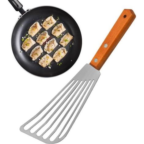 Spatules fenduesSpatule poisson anti-adhsivePelle steak en acier inoxydable avec manche en bois pour frire griller SPATULE (1/4)