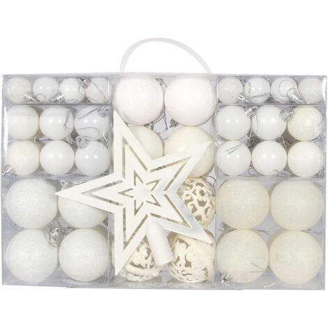 QORVA-Lot de 101 décorations de sapin de Noël - Étoile à paillettes et 101 boules avec emballage - Décoration de Noël pour l'intérieur et l'extérieur - Barres de traction en plastique - Blanc- Taille (1/4)