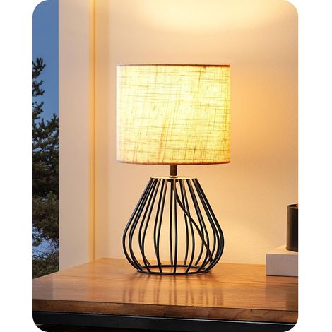 Lampe Table Industrielle Socle Métal Grille Beige et Noir Douille E14 Blanc Chaud 2700 K Abat Jour en Lin Vintage Pied Métal Noir pour Chambre 40 W (1/4)