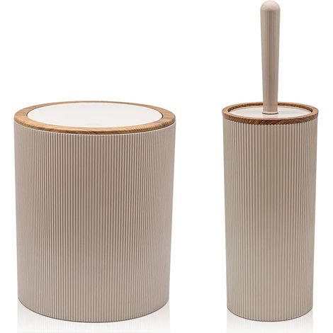 Set 2 pezzi Porta scopino e Pattumiera 5lt Tortora dettagli effetto legno Blob