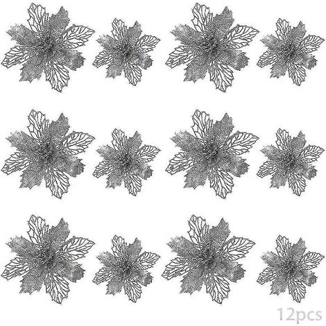 24 poinsettias artificiels à paillettes pour Noël