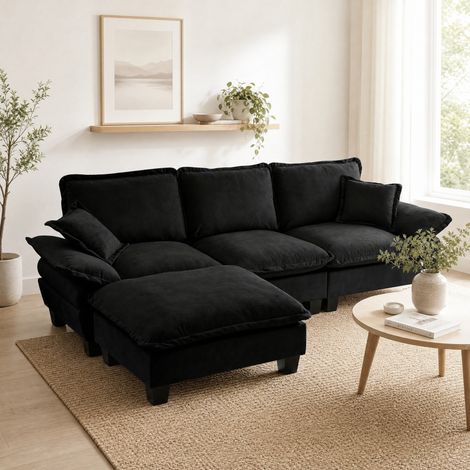 Divano angolare modulare 263/151/90 cm nero in ciniglia con pouf mobile e 2 cuscini, design curvo (1/5)