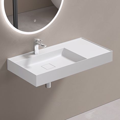 doporro Lavabo Suspendu avec Bonde Vasque à Poser Blanc Mat 90x46x12cm Lave Mains Rectangulaire avec Perçage de Robinet Colossum630
