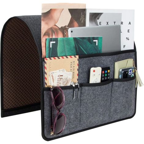 Organiseur d'accoudoir en caoutchouc antidérapant avec 4 poches pour canapé, fauteuil, fauteuil inclinable, support pour télécommande, smartphone, livre, magazines, tablette (gris) (1/4)