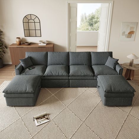 Canapé Panoramique Modulable 6 Places en U/L 277x135x80 cm, 2 Poufs Coffres, USB/Type-C, Ressorts Ensachés, Tissu Coton et Lin Gris (1/5)