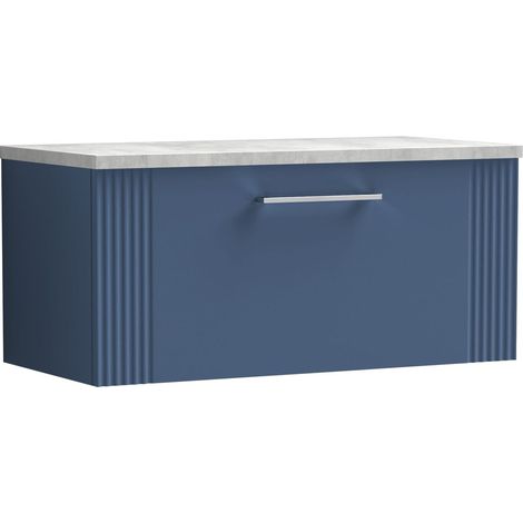 Belvide Partial Fluted 1 Drawer Wall Hung Vanity Unit with Bellato Grey Laminate Worktop - 800mm - Satin Blue