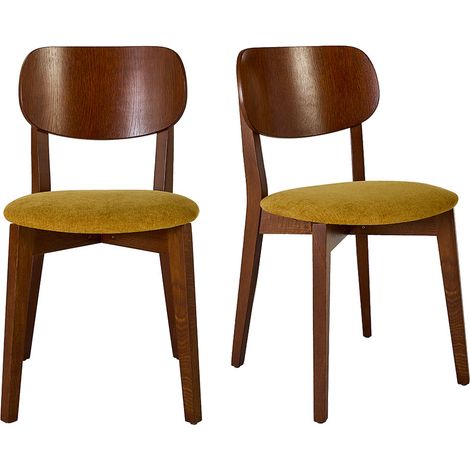 Chaises vintage en bois foncé chêne et tissu effet velours jaune moutarde (lot de 2) LUCIA (1/5)