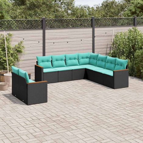 vidaXL Conjunto de sofá de jardín de 9 piezas con cojines, de poliratán negro (1/5)
