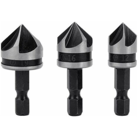 3pcs 1/4" Hex HCS Fraise à Chanfreiner 5 Flûte Foret Embouts pour phanfreiner Évier à Fraise Conique 12mm/16mm/19mm Pour Bois Métal (1/5)