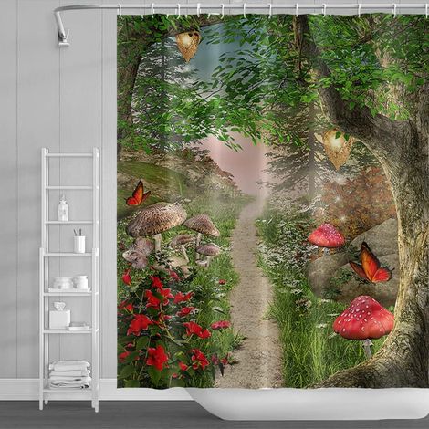 152x183cm Rideau de Douche Magie Forêt Champignon Fantaisie, Conte de Fée, Arbre, Papillon, Fleur, Vert Herbe Pour Salle de Bains en Polyester Avec Crochets (1/5)