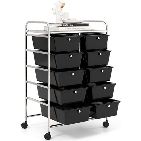 COSTWAY Carrito Auxiliar con Ruedas, Carro Almacenaje con 10 Cajones Grandes y Apilables, Carrito Organizador con Ruedas Bloqueables de Metal para Cocina Oficina, Baño, 37 x 65.5 x 87 cm, Negro