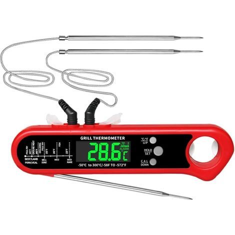Thermomètre à Viande à Lecture Instantanée Numérique Double Sondes Précises pour la Cuisson Barbecue Cuisine Rouge
