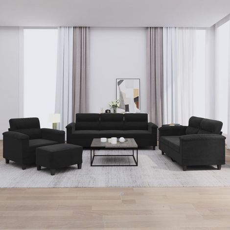 4-tlg. Sofagarnitur mit Kissen Schwarz Mikrofasergewebe (1/5)