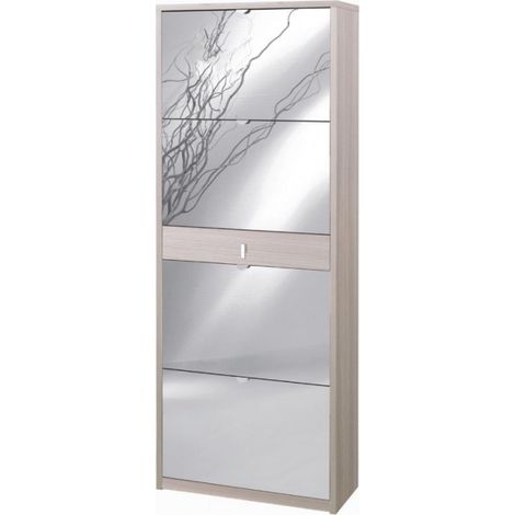 Meuble à chaussures à 4 portes miroir avec 1 tiroir, 63L x 29P x H164 cm – Finition orme clair – Sarmog