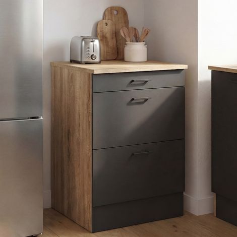 Mueble bajo de cocina 60 cm SUBTIL cacerola ocasional 3 cajones madera y negro
