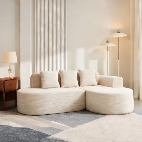 Canapé d'angle en velours côtelé beige avec méridienne arrondie (1/5)