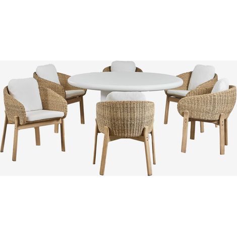 Ensemble table ronde en ciment Namara, diamètre 140 cm, et 6 chaises de jardin en bois d'acacia Leilan. SKLUM