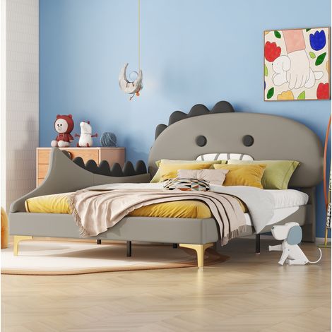 DESVIAE Lit enfant dinosaure 140 x 200 cm avec tête de lit cartoon en pu gris cadre de lit plat pour chambre enfant (1/5)