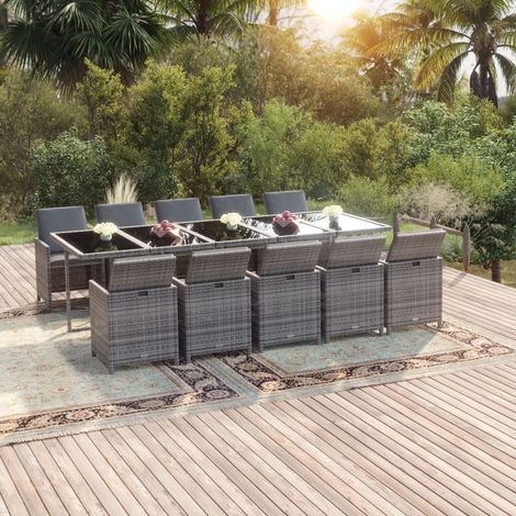 Ensemble Table et Chaise de Jardin 11 pcs - Ensemble à dîner de jardin coussins Résine tressée Gris BV245555 - BonneVie (1/5)