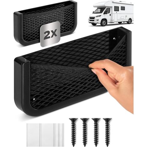 Ensemble de filets de rangement pour camping-car et caravane - 2 pièces - Filet de rangement en plastique robuste et filet élastique - Matériel de montage inclus (1/5)