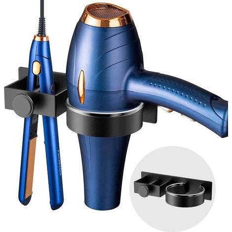 Soporte de pared 2 en 1 de acero inoxidable para secador y plancha de pelo: organizador y almacenamiento de accesorios para el peinado en el baño. (1/5)